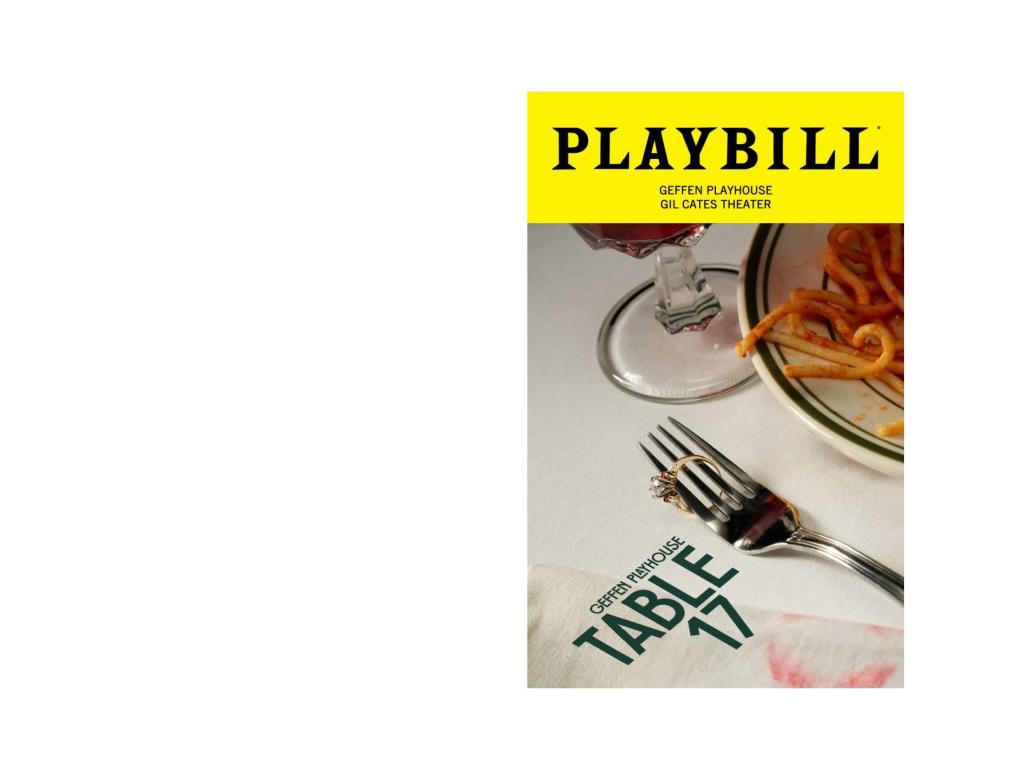 Playbill cover for Table 17 showing a fork with a wedding ring, pasta plate, wine glass, and lipstick-stained napkin